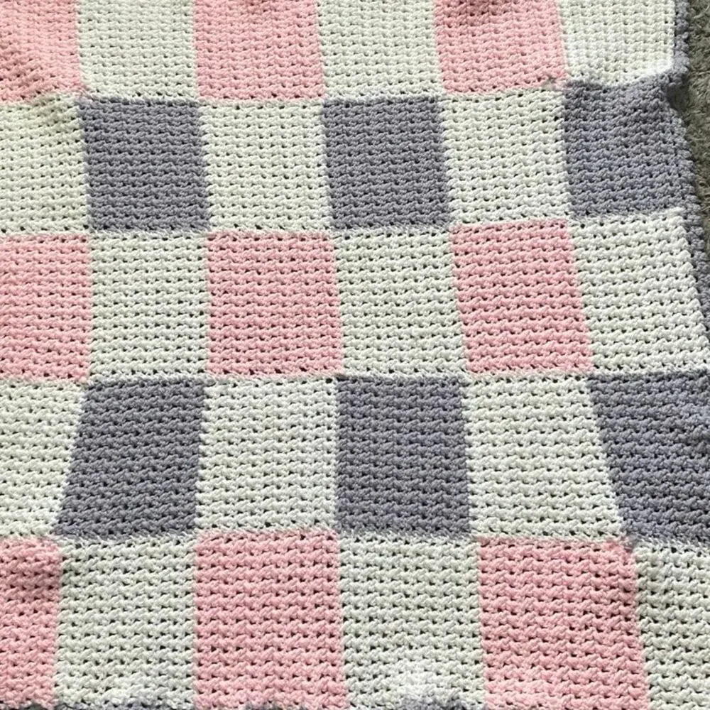 Vintage Hand Crochet knit Baby Blanket 42.5X42.5 color squares and flowers